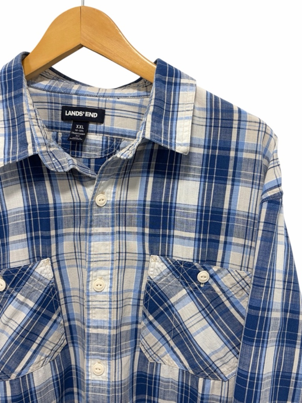 Lands’ End 100% Cotton Blue White Plaid Long Sleeve collared Button Up Shirt XXL